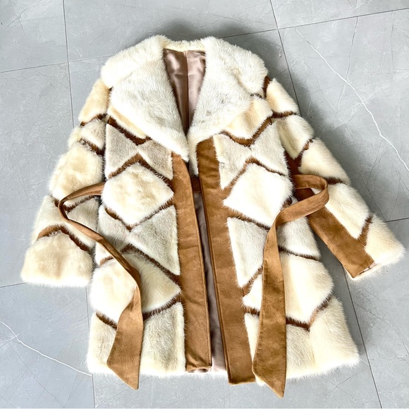 Genuine Geometric Cream w Light Gray Mink Tan Faux Suede Mid Jacket Coat Sz XS-M - Picture 11 of 15